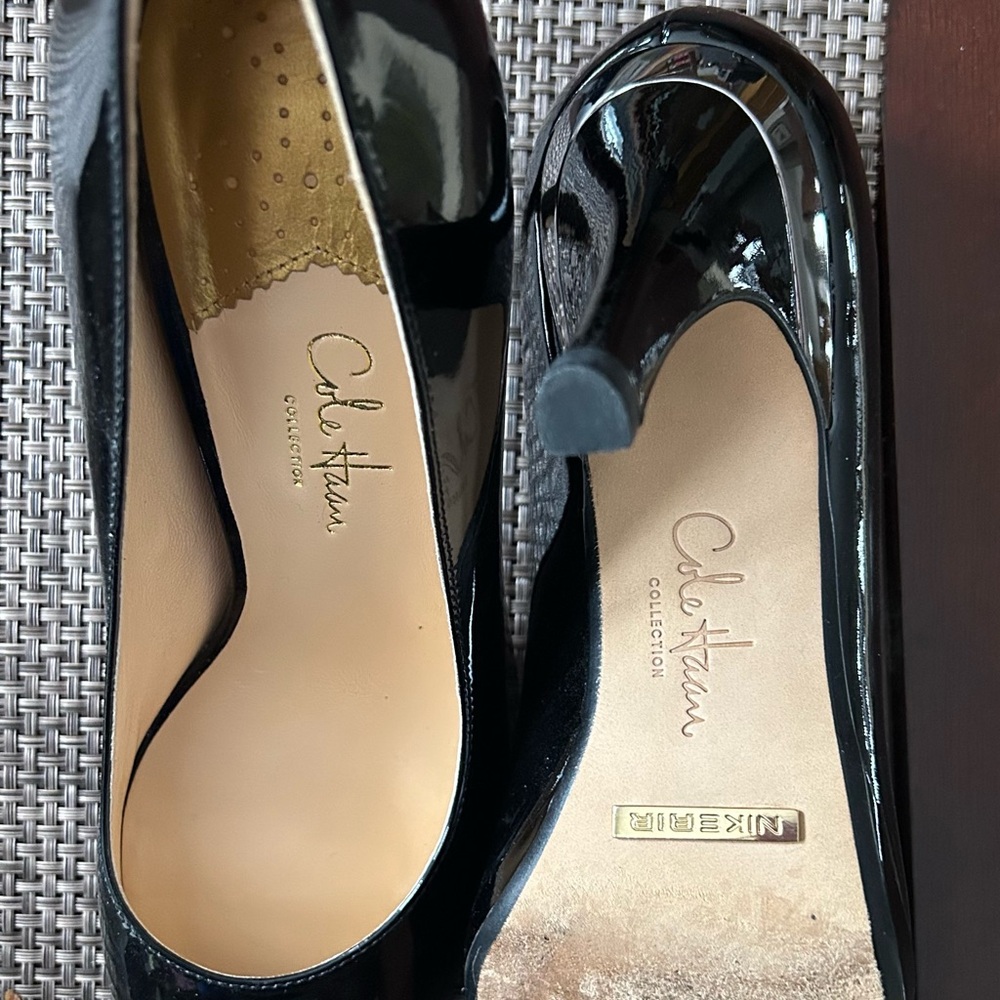 Cole Haan Women's Black Patent Leather Heels. Open Toe